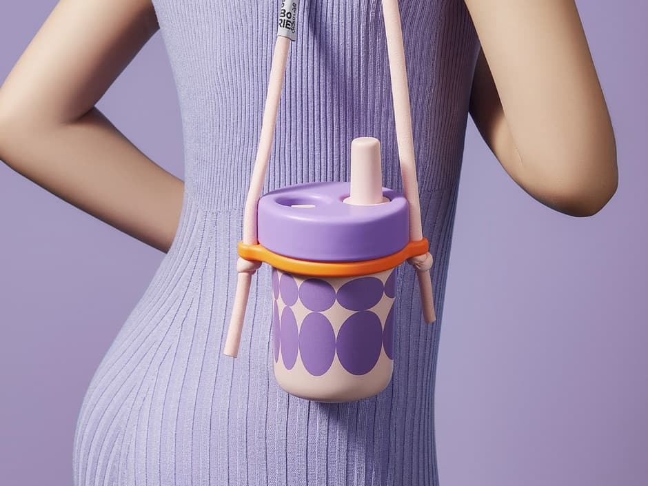 Model carrying a purple polka-dot Chako Lab cup as a crossbody